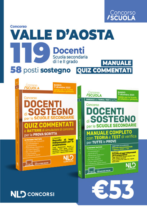 Concorso 119 docenti Valle d’Aosta. 58 posti Sostegno. Manuale + Quiz
